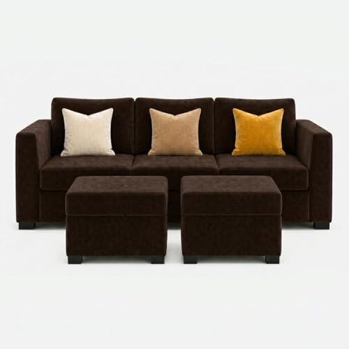 Image of FURNY Revona 5 Seater L Shape Sofa Set with 2 Movable Ottoman | Flexible Left or Right Layout | Plush Velvet Fabric (Dark Brown) | Perfect for Living Room, Guest Room & Office