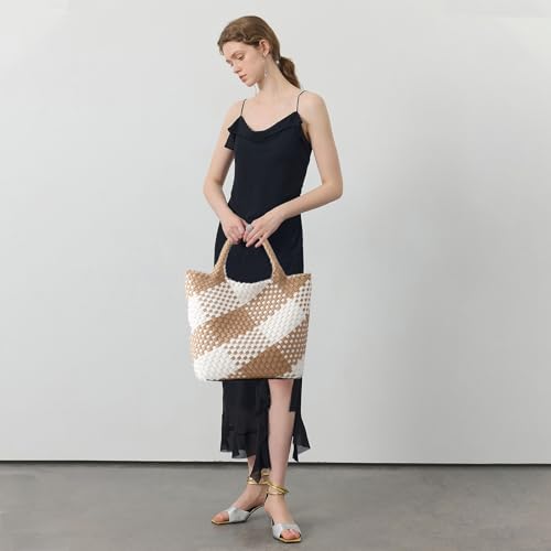 Image of JINMANXUE Unisex Fashion Woven Bag Damen-Tragetasche, Apricot&white, 16.1 inch W x 7.1 inch D x 11 inch H