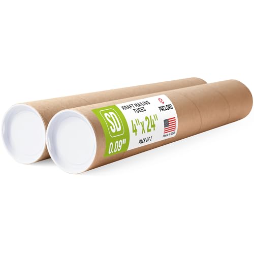 Paclord 4" x 24" Made in USA Kraft Paper Mailing Tube, 2 Tubes, 4 Caps