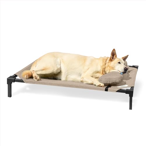Coolaroo Pro Elevated Dog Bed with HeatShield Fabric – Advanced Cooling Raised Cot for Small & Medium Breeds, Easy-Clean, Low-to-Ground Access, Bonus Bolster Pillow – Great Sandy Beige