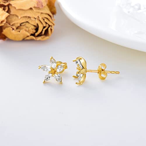 Ydd 14K Real Solid Gold Crystal Flower Stud Earrings For Women Girls Gifts Her Screw Back Floral Sutd 8.5Mm, Yellow #TOP3