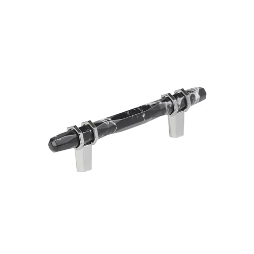 Image of Amerock 3-3 /4 inch Carrione Marble Black /Polished Chrome Drawer Pull | 3-3 /4 inch (96mm) Center-to-Center Mounting Distance and 6-5 /16 inches Overall Length, Durable Zinc Cabinet Hardware
