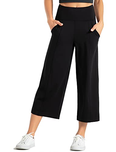 Wjustforu Women's Wide Leg Palazzo Lounge Pants Yoga Capris Culottes With Pockets Tummy Control Loose Pants For Workout (Large, A-Black) #TOP2