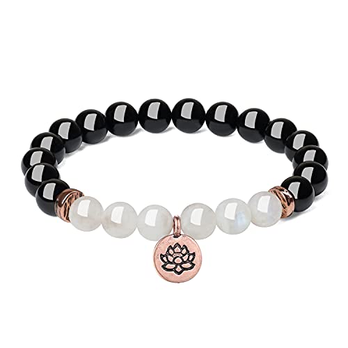 COAI Lotus Charm Black Tourmaline Moonstone Stone Bracelet for Women