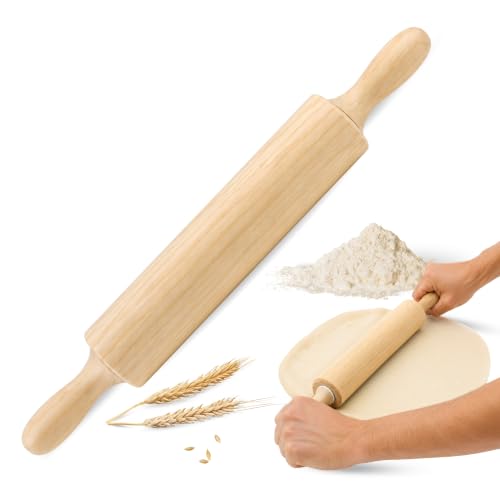 Rodillo de cocina, Rodillo de repostería, Rodillo de Amasar con Rodamientos, Rodillo para hacer Pan, Rodillo para pizza, Fabricado en Madera de Haya, Largo 36 cm, Diámetro 4.8 cm