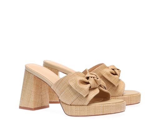 Monrovia Raffia Heeled Sandals for Women，Platform Wedge Slip On Block Heel, Dressy Summer Open Toe Chunky High Heel Vacation Beach Slides Sandals3