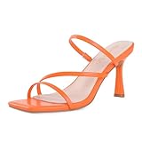 Shoe'N Tale Strappy Kitten Heels For Women Stiletto Mules Square Open Toe Slip On Sandals(8,Orange)