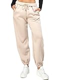 IUUI Women's High Waisted Fleece Sweatpants - Casual Baggy Joggers with Pockets, Foldable Warm Lounge Pants Cream