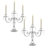 KEHAIL Metal 3 Arm Candelabra with Crystal Pendants - 11.8 Inch Tall Candle Holders, Set of 2 - Elegant Taper Candlestick Stand for Wedding, Dining Table, Christmas Party Home Decoration (2, Silver)