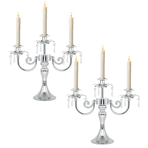 Image of Metal 3 Arm Candelabra with Crystal Pendants - 11.8 Inch Tall Candle Holders, Set of 2 - Elegant Taper Candlestick Stand for Wedding, Dining Table, Christmas Party Home Decoration (2, Silver)
