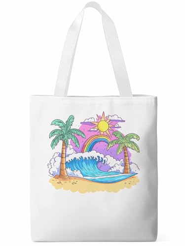 Canvas Tote Bag, Cartoon Ocean Rainbow Coconut Tree patterned Canvas Tote Handbags for Women Shoulder Bag,
