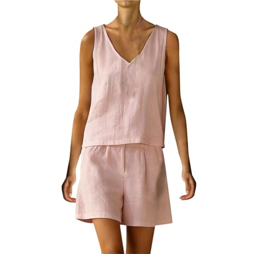 Ropa de descanso relajada de lino de dos piezas para mujer, cuello en V, parte superior peplum con pantalones cortos de cintura alta, prenda de estilo combinado, ropa encantadora para viajes costeros