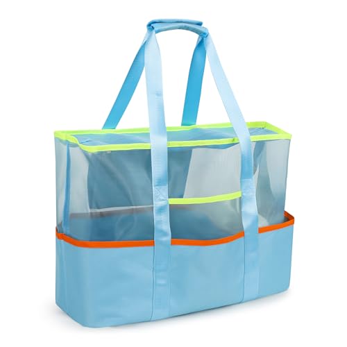 Tote Beach Bag with Zipper, Large Foldable Mesh Travel Bag for Women, Waterproof Sandproof Cruise Utility Work Vacation