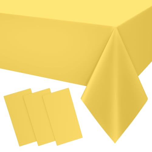 Image of Smiry Disposable Table Cloth 3 Pack, 54 x 108 Inch Waterproof Plastic Tablecloth, Decorative Rectangle Table Covers for Party, Birthday, Picnic, Yellow