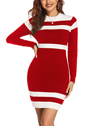 Image of Beyove Women's Colorblock Striped Long Sleeve Cotton Knit Sweater Bodycon Dress XS-XXL