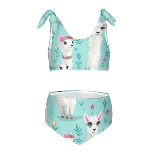 Girls' Bikini Set, White Llamas Teal Kids Swimsuit 2 Pcs Beach Bathing Suit