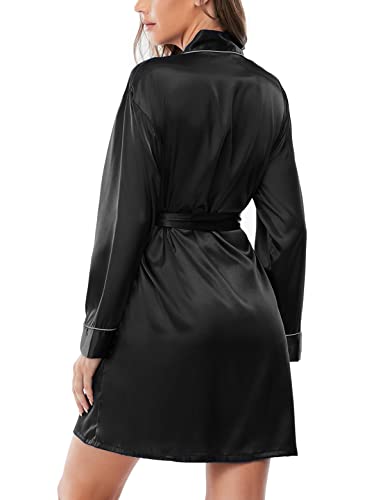 Escalier Women's Satin Robe Silk Bathrobe Short Kimono Robes Bridesmaid Wedding Party Sleepwear Black M #TOP5