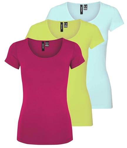 VERO MODA Damen VMMAXI My Soft SS U-Neck GA 3Pack, Bright Rose, Wild Lime, Dusty Aqua, XXL – Ansicht 1