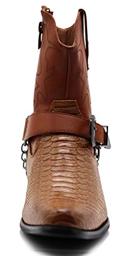 Alberto Fellini Men's Crocodile Prints Western Cowboy Boots With Side Zipper, Belt Buckle And Metal Chain (10.5, Brown) #TOP6