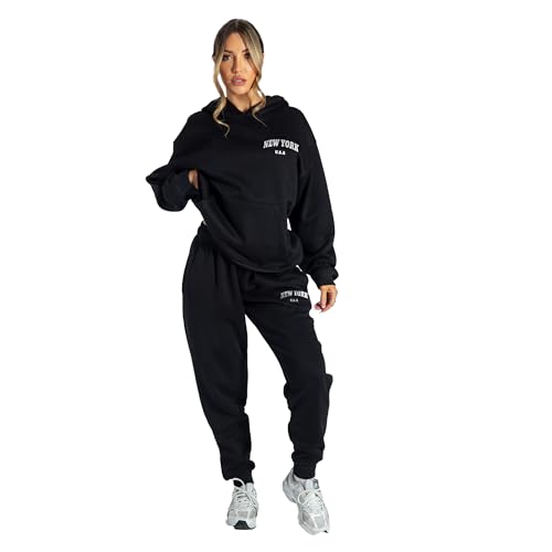 Lang Horn Tracksuit Womens Full Set Uk With Pocket 2 Piece Hooded Oversized Letter Print Lounge Wear Sweatsuits Jogger Set Ladies Gym Activewear (UK Alpha M Regular Regular Black)