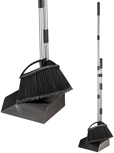 Long Handled Dustpan and Brush Set, Yangbaga Heavy Duty Dustpan and Brush Sets Mental with Adjustable Long Handle for Indoor and Outdoor, Great for Household Cleaning and Sweeping Black