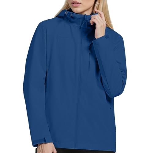 FNKDOR Giacca softshell da donna, impermeabile, traspirante, con tasche con cerniera, leggera, per le mezze stagioni, giacca a vento con cappuccio, Blu, 3XL