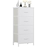 Sweetcrispy Dresser for Bedroom, Storage Drawers, Skinny Fabric Storage Tower with 4 Drawers, Tower Organizer Unit, Chest of Drawers with Wooden Top for Closet, Nursery, Laundry, Living Room, Hallway