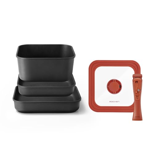 Roichen Conjunto de frigideiras Spinweb com 5 peças, frigideira de 22 cm + frigideira de 22 cm + frigideira de 26 cm + tampa de vidro multitamanho + alça destacável. Frigideira, frigideira, frigideira