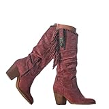  ticticlily Bottes Femme Automne Hiver à Franges Epaisses Classique Casual Bottes Rétro à Talons Hauts Bottes Hautes Bottes Fashion Rouge 39 EU