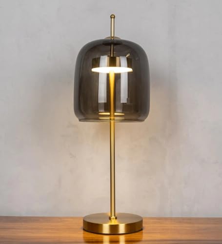 Image of Modern Smoke Glass Table Lamp with 3-Color LED | Black Metal Bedside Lamp for Living Room & Bedroom | Decorative Table Light for Home Decor