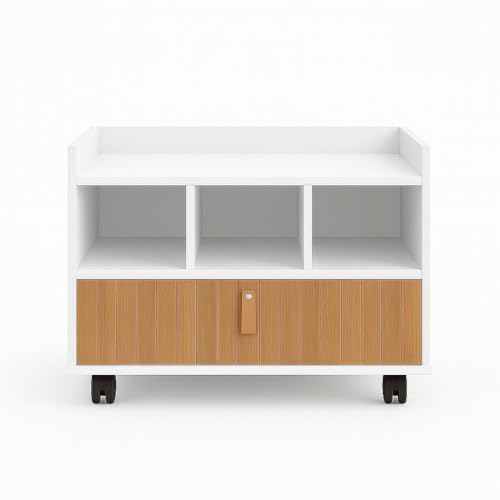 armário Gabinete Organizador Multiuso com Rodízios e Nichos – 65 cm – Branco – Móvel para Banheiro ou Escritório (branco/ripado)