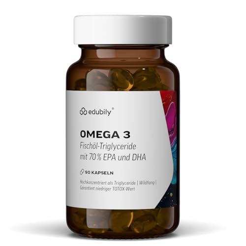 edubily® Omega-3 Fischölkapseln - 70% Omega 3-Gehalt - Kleine EPA DHA Kapseln in pharmazeutischer Qualität aus nachhaltigem Wildfang (90 Kapseln)