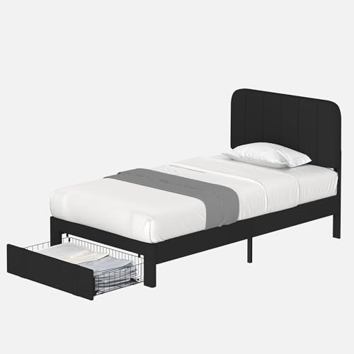 Image of VECELO Twin Size Upholstered Bed Frame with Drawer and Headboard, Velvet Platform Storage Bedframe, Wooden Slats Support, No Box Spring Needed,Black