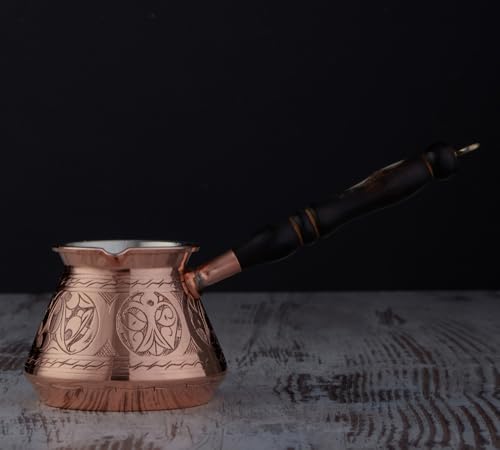 Image of DEMMEX 2019-9 Oz Thick 2mm Copper Turkish Greek Arabic Engraved Coffee Pot Stovetop Coffee Maker Cezve Ibrik Briki with Wooden Handle & Wooden Pot Spoon, for 3 People (Copper)