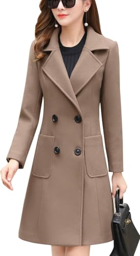 ebossy Women's Elegant Wool Blend Pea Coat Notched Lapel Double Breasted Winter Warm Mid Long Overcoat2