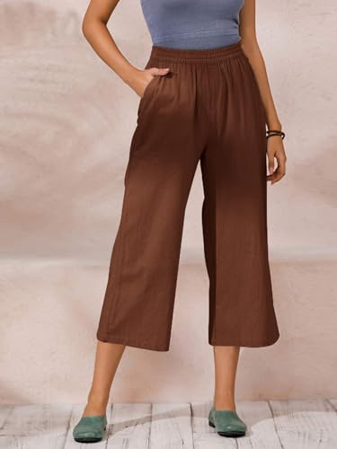 ECUPPER Womens Cotton Cropped Pants Loose Fit Wide Leg Capri Casual Plus Size Elastic Waist Trousers Brown 82