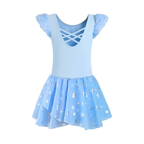 Tutú de ballet para niña Leotardos de ballet for niñas Leotardo con falda de baile Vestido de tutú de ballet for niños Ropa de baile con mangas con volantes brillantes for niños pequeños(Blue,XL 8-9Y)