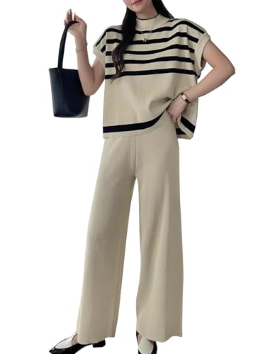 Lucrosun Women's Sweater Sets 2 Piece Sets Striped Knit Pullover Top Wide Leg Pants