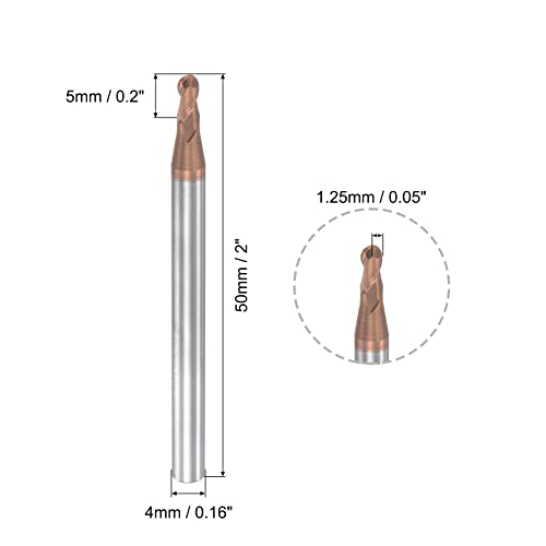 Image of uxcell Ball Nose End Mill 1.25mm Tip Radius Solid Carbide AlTiSin Coated CNC Router Bits 2 Flute Spiral Milling Cutter HRC55 with 4mm Shank 50mm (2-inch) Length