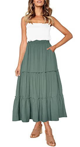 Afibi Womens High Waist A Line Ruffle Swing Long Maxi Skirt With Pockets (Small, Army Green) #TOP23
