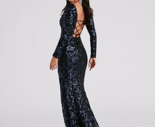 Long-Sleeve Sequin Prom Dresses 2024 - Sparkly Mermaid Tight Long Formal Evening Party Dress with Slit3