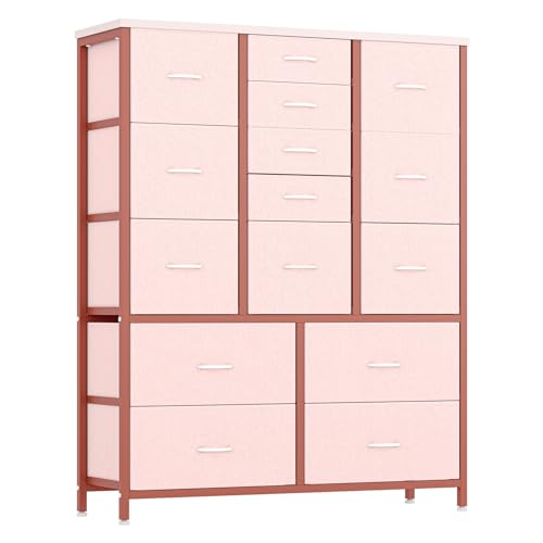 15 Drawers Dresser, Tall Dressers for Bedroom, Large Chests of Drawers, Fabric Storage Dresser Organizer Unit for Closet, Hallway, Living Room (Pink Wood Grain Print)