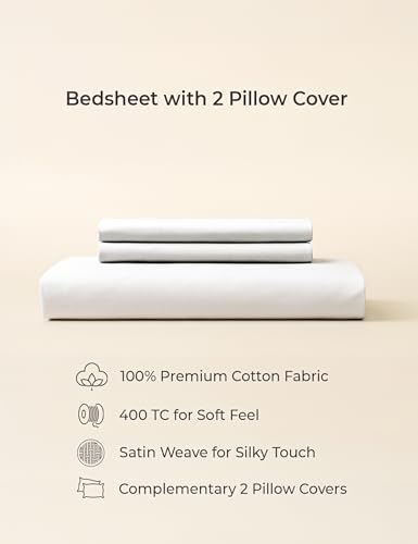 Image of Symbol Premium 100% Pure Cotton Soft Bedsheet for Double Bed - King Size (108x108 inches) with 2 Pillow Covers (27x17 inches) | 400 Threadcount