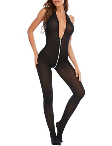 ROSVAJFY Damen Sexy Bodystocking Catsuit Reißverschluss Transparentem Netz Body Neckholder Tiefem V-Ausschnitt Bodysuit Strumpfhose Unterwäsche...