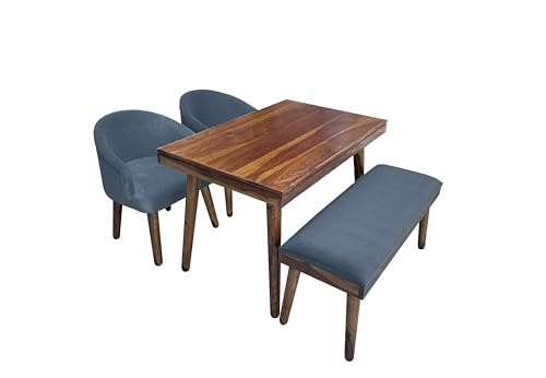 Image of DaneWood Wooden Dining Table 4 Seater | Four Seater Dinning Table with 2 Upholstered Dining Chairs & 1 Upholstered Bench | Dining Room Sets for Restaurants | Sheesham Wood | Honey Finish & Grey