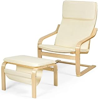 COSTWAY Wooden Lounge Chair with Footstool, Modern Upholstered Recliner Accent Armchair, Home Office Living Room Bedroom Deck Relaxing Leisure Chair (Beige)