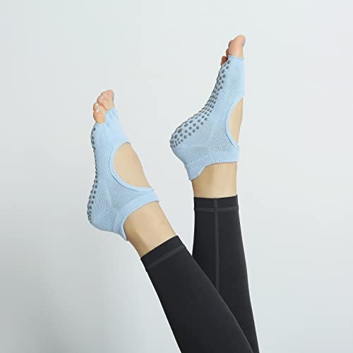 Image of Yoga Pilates Toe Socks Toeless Socks with Grips for Women Non Slip Cushioned Low Cut Ankle Socks for Dance
