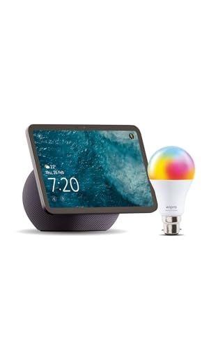 Image of Amazon Echo Show 8 (newest model), vibrant 8.7 inch HD display with spatial audio & Alexa, new sleek design, Graphite, combo with wipro 9W smart bulb