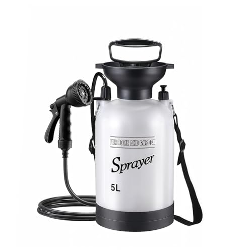 QIYUNI 5L Hand Press Portable Shower 10 Spray Modes with Removable Hose & Shower Head No Electric Needed Ideal for Camping Hiking Travel Beach Garden Pet Shower (White)