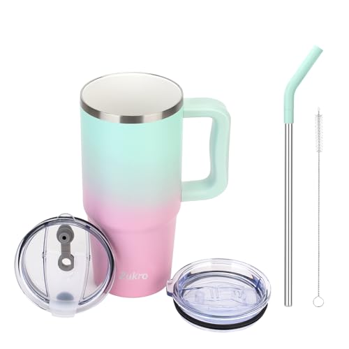 Zukro 24 oz Ceramic Lined Tumbler with Handle and Straw, No Metal Taste, Insulated Stainless Steel Coffee Mug with Spill Proof Lids for Home/Office, No Sweat, Keep Drinks Hot or Cold, Bubblegum